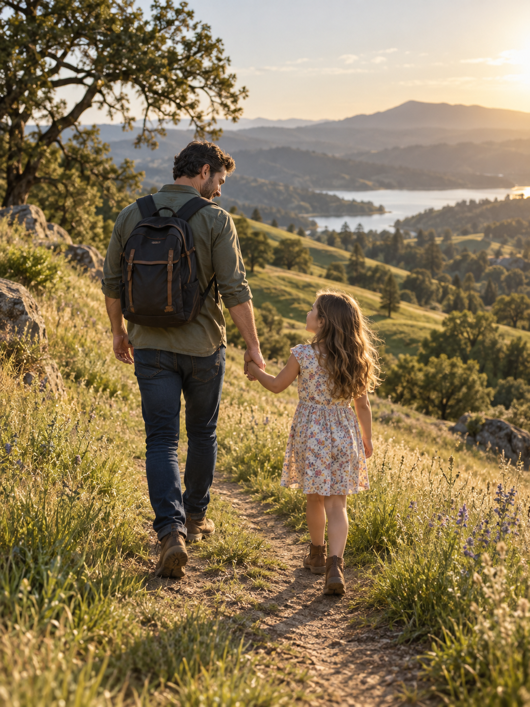 A father and daughter enjoying a walk together in the California hills